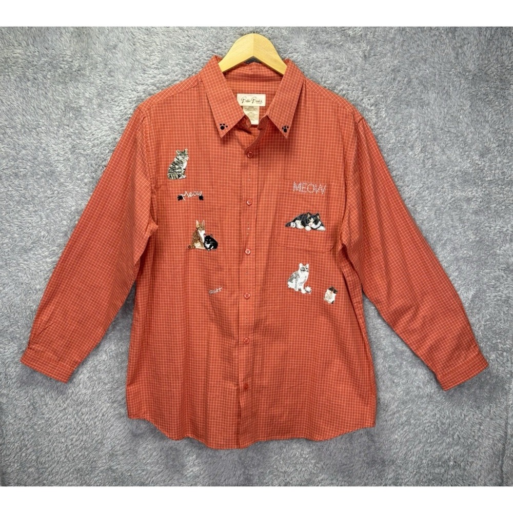 Bobbie Brooks Womens 14W/16W Cat Shirt Plaid Embroidered Meow Button Up Novelty